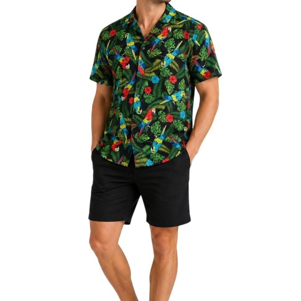 Good Vibes Button Down Shirt Mens Medium Black Tropical Macaw Parrot Floral